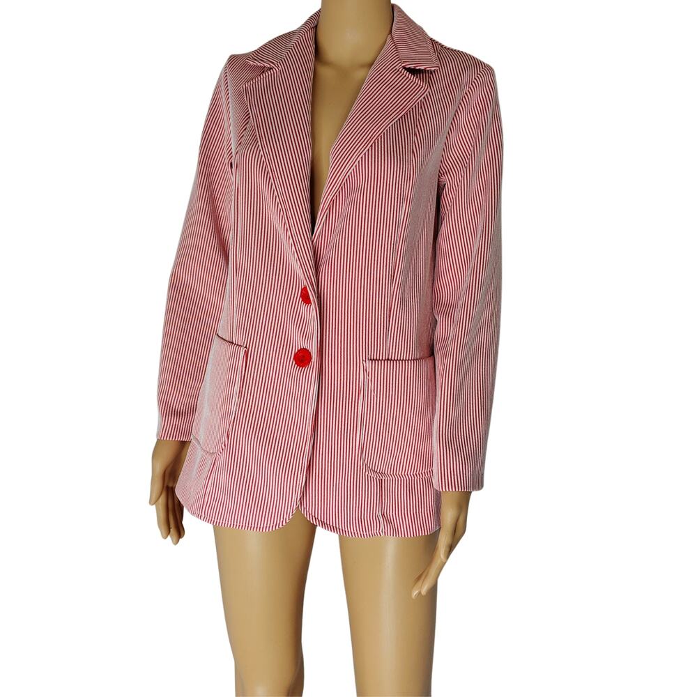 1960s Red White Striped Polyester Single Breasted blazer Size 12 Women's Vintage